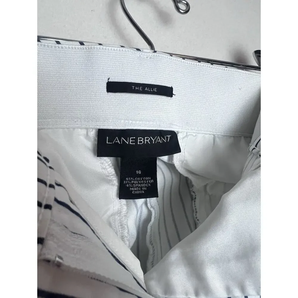 Lane Bryant Women's The Allie White Flat Front Navy Pin Striped Pants Size 16